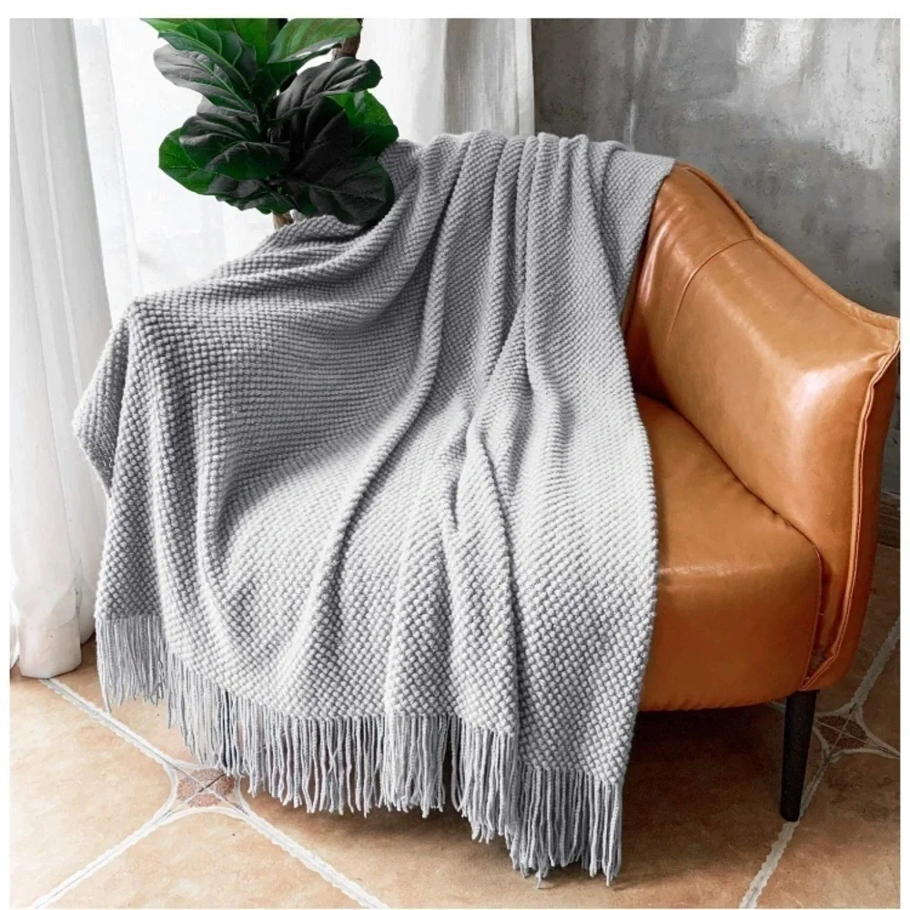 Light Grey Boho Tassel Chunky Knit Dorm/Living/Bedroom Cozy Casual Throw Blanket - Picture 4 of 16